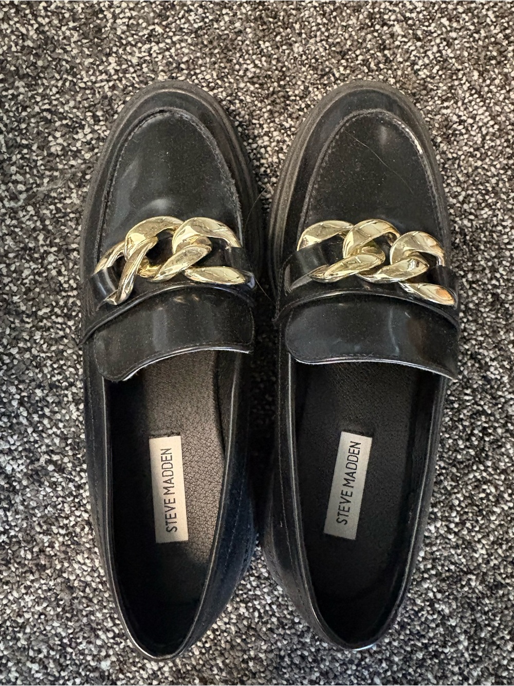 Steve Madden Black Patent Loafers with Gold Chain